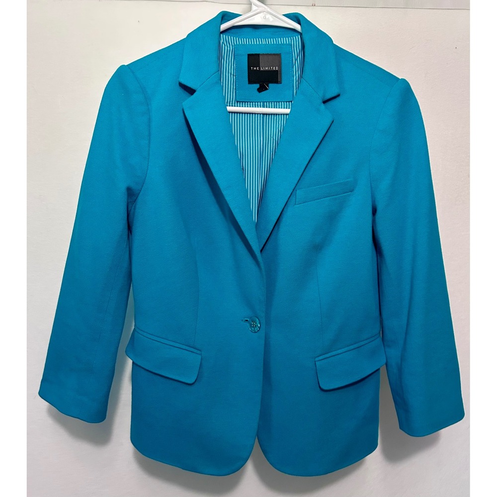 The Limited Turquoise Blue Cotton Blazer Single Button Pinstripe Lining Size S